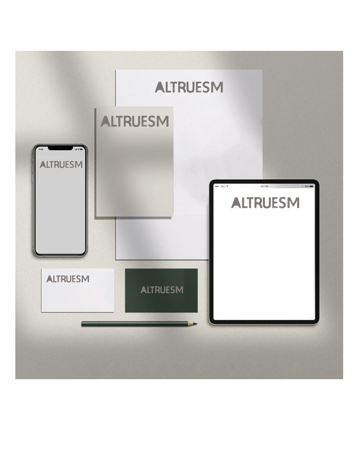 Altrueism brand collateral mockup