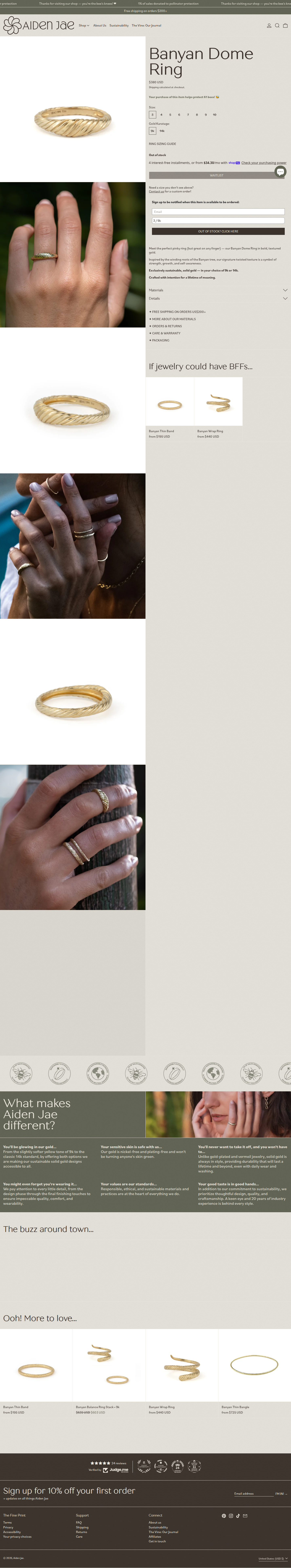 Aiden Jae product page, the custom template showing product photography, variant selection, and narrative context