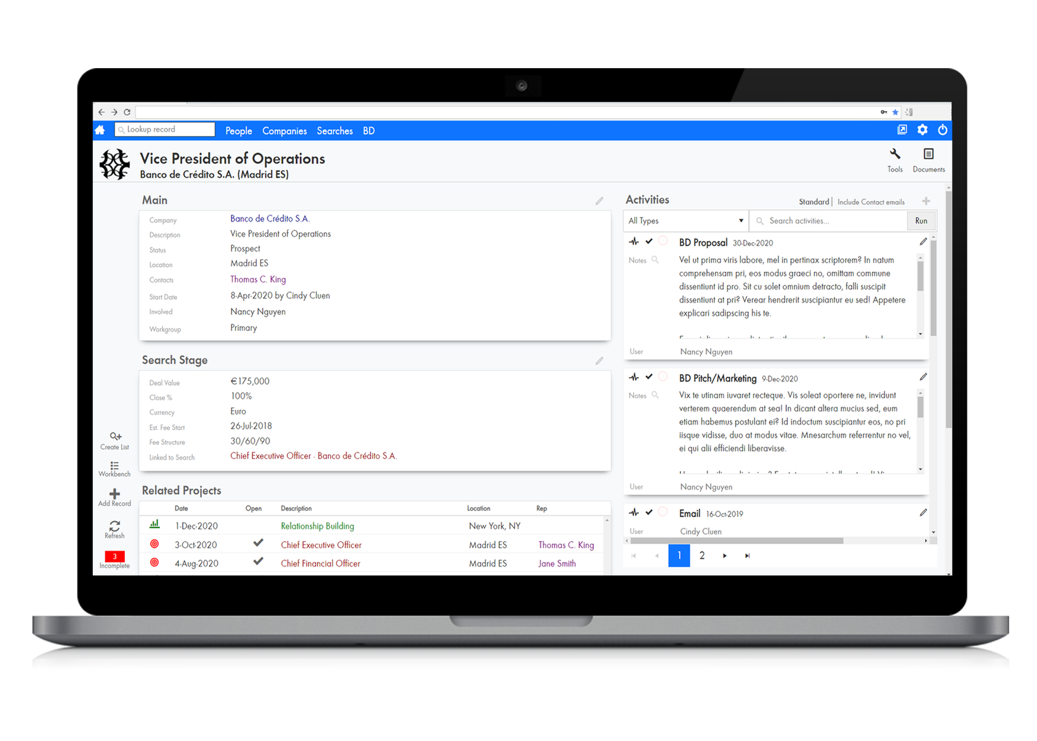 Search detail, business development tracking with deal stages, related projects, and activity history