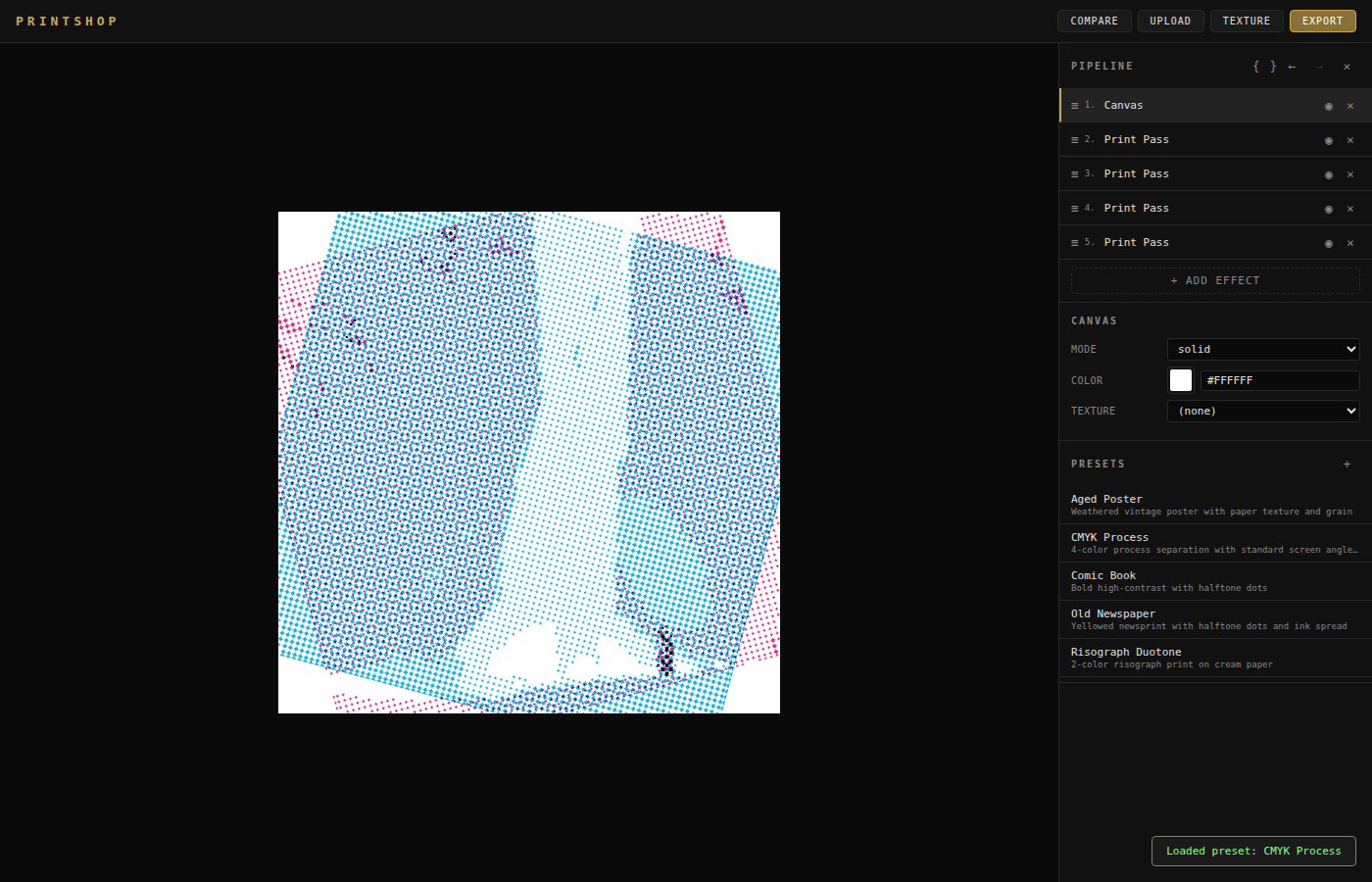 CMYK Process preset in Printshop — four print passes on a white canvas, halftone screening visible at plate level