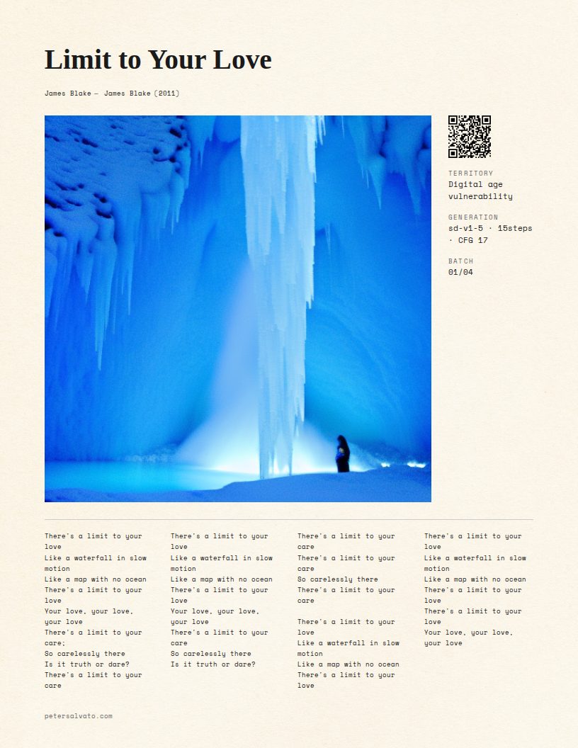 Versagrams poster rendered by the Sovereign Design Engine — per-song display font, AI-generated imagery, 4-column lyrics, metadata sidebar